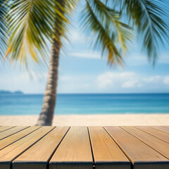 Fototapeta premium Wooden Tabletop with Blurred Tropical Beach Background Palm Trees and Ocean