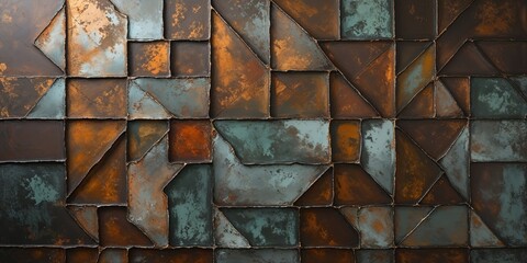 Distressed geometric tile pattern with rust, copper, and teal accents on textured surfaces.