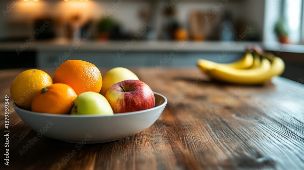 Poster neatly arranged bowl filled with apples, oranges, and bananas placed on a rustic wooden table in a w