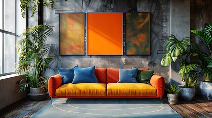 Stylish Living Room Interior Design with Orange Sofa and Tropical Plants