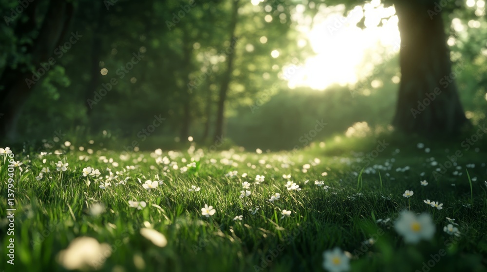 Poster a tranquil meadow basks in soft sunlight, featuring vibrant green grass and gentle shadows from near