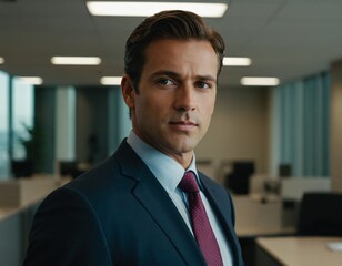 Business professional standing confidently in an office building