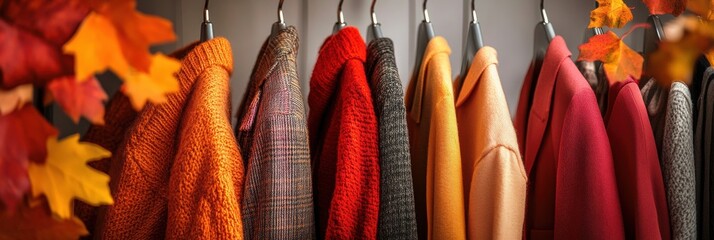 Autumn fashion collection featuring warm layers of clothing surrounded by colorful fall leaves in rich orange and red tones