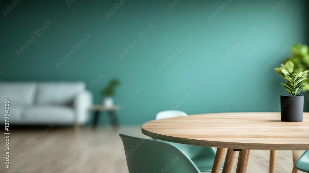Poster the scandinavian-style dining area features mint green chairs and a round wooden table, complemented