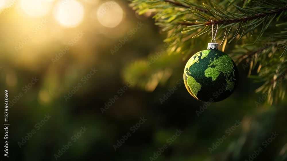 Poster a globe-shaped ornament designed to resemble earth hangs delicately from a pine branch, shimmering w