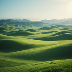 Scenic Green Rolling Hills Landscape with Flag and Distant Mountains
