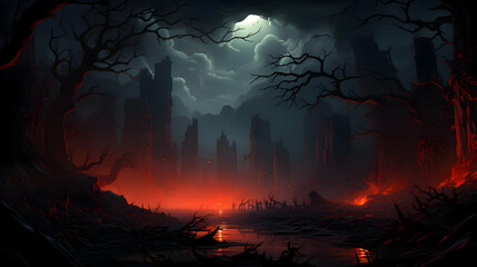 Apocalyptic Landscape with Burning City Ruins Silhouetted Against a Dark Gloomy Sky