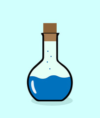 glass flask with blue liquid on a light blue background,