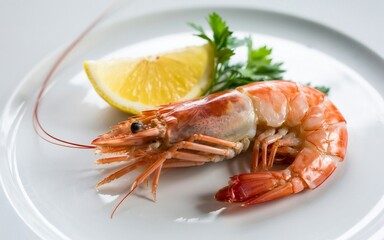 Appetizing Cooked Shrimp Served With Lemon And Parsley On A White Plate