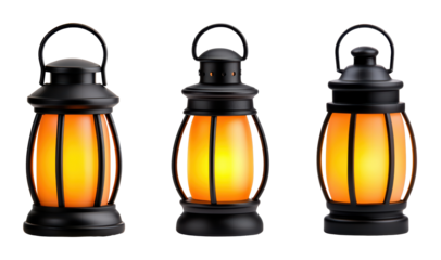 Vintage black lanterns with warm glowing light