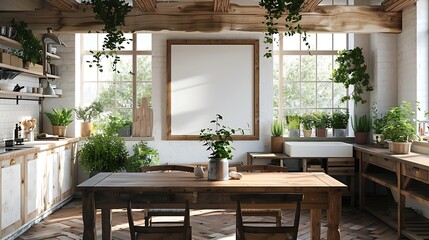 Fototapeta premium Rustic Kitchen Interior Design with Large Wooden Frame Mockup and Abundant Greenery