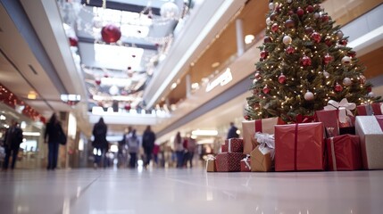 Obraz premium A beautifully decorated Christmas tree stands in a shopping mall atrium, surrounded by wrapped gifts while shoppers create a lively, festive environment