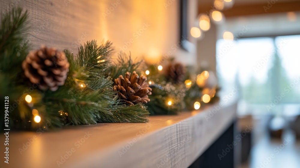 Poster a beautifully arranged pine garland with pinecones and twinkling lights adorns a wooden mantelpiece,