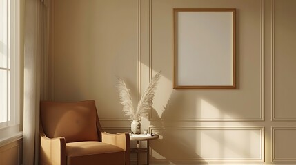 Elegant Beige Room Interior Design Mockup with Empty Frame and Armchair Sunlight streams in