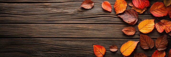 Autumn leaves scattered across rustic wooden surface under natural lighting in flat lay style