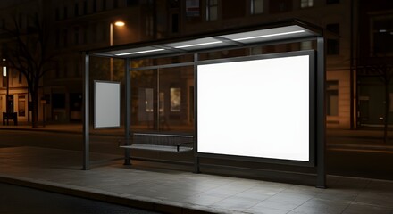 Blank Illuminated Advertisement Mockup in City Bus Stop Shelter at Night - Side Angle View Urban OOH Template