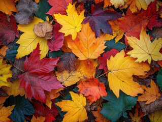 Obraz premium Colorful autumn leaves in various shades of red, yellow, and orange create vibrant tapestry on ground, celebrating beauty of fall season