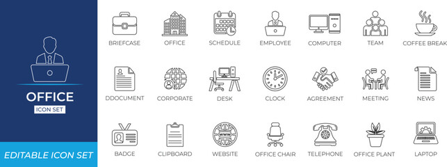 Office line icon set featuring workspace tools, documents, contract, assistant, bookshelf, clipboard, ,planning, organization, productivity symbols, and modern business essentials.