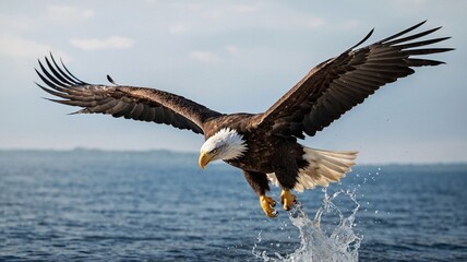 Obraz premium A majestic bald eagle soaring above the water, expertly hunting for fish with its powerful wings outstretched.