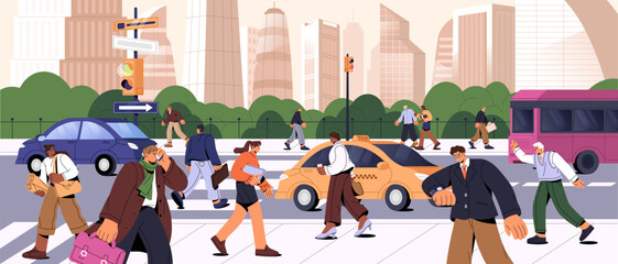 City life concept. People go to work in rush hour, hustle. Cityscape, downtown with workers hurry up on businesses, to office. Urban traffic, street with pedestrians, cars. Flat vector illustration