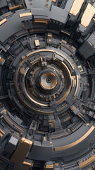 Cyberpunk-themed spinning mechanical tunnel, rich in detail and glowing highlights.

