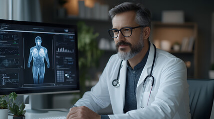 Focused doctor reviews medical scan data on computer