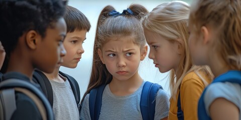 A group of children are standing in a circle, one of them is wearing a backpack. Scene is tense and serious, as the children seem to be in the middle of a conflict