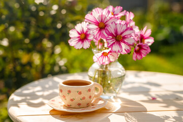 Summer still life. Beautiful cosmos flowers stand in a vase on a wooden table with a cup of tea.
Relaxation in the village on a sunny day. The joy of summer.
