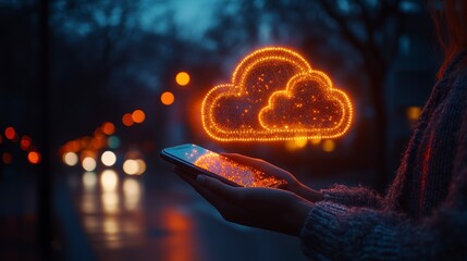 Glowing cloud above phone. Woman holds device. Bokeh lights blur background