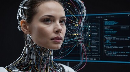 A female humanoid robot with intricate wiring stands against a high-tech interface, embodying the fusion of technology and humanity.