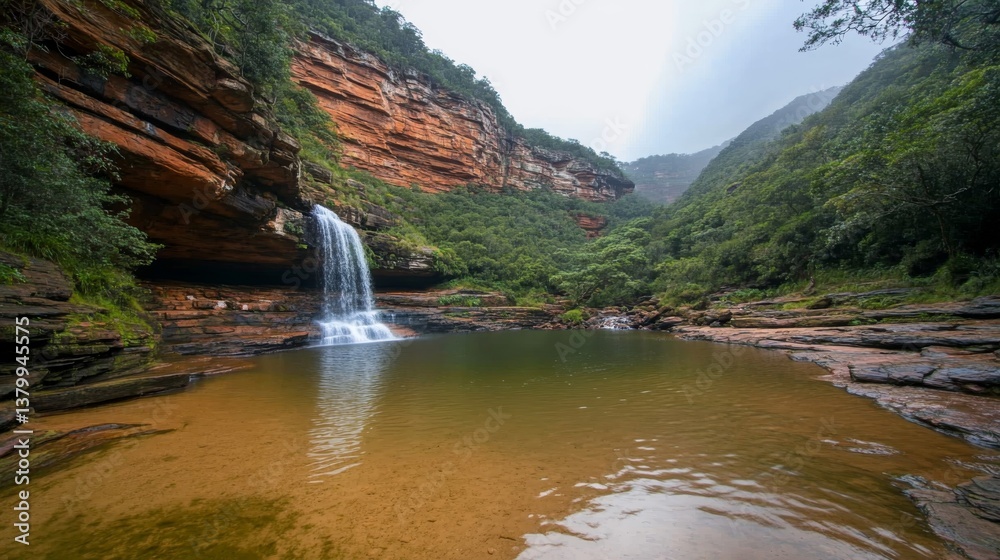 Poster a stunning waterfall flows into a calm pool, framed by impressive cliffs and rich greenery. the tran