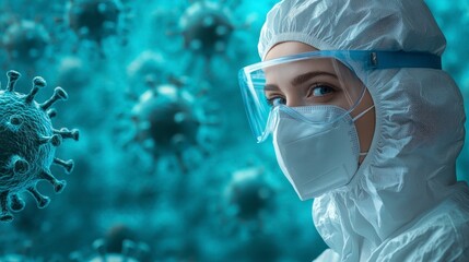 Medical worker in protective gear against virus background