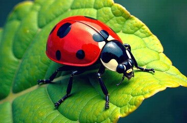 Fototapeta premium Ladybug sitting on a flower leaf warm spring day on a leaf insect beetle