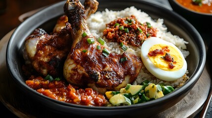 Fototapeta premium Nasi Gudeg served with boiled egg, fried chicken, and sambal, soft golden light coming from the side, giving the dish a rustic yet inviting feel