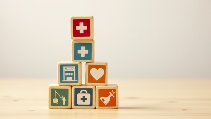 Healthcare Symbol Wooden Blocks Stacked on Table