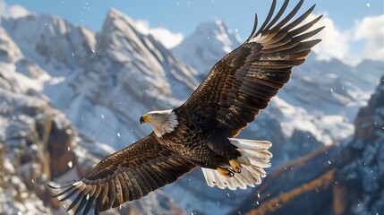 Majestic Bald Eagle Soaring Above Snowy Mountain Peaks in Winter
