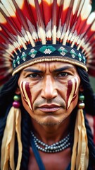 Intense Portrait of a Native American Warrior Wearing Traditional Feather Headdress and Facial Paint with Determined Expression Captured in Natural Light