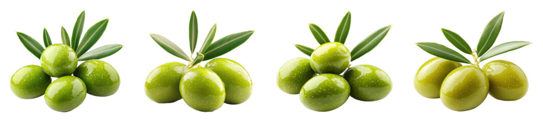 Obraz premium Fresh green olives with leaves on a black background