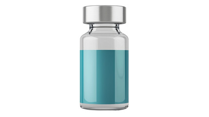 Closeup of a transparent glass bottle filled with a vibrant blue liquid capped with a sleek metal closure against a white background