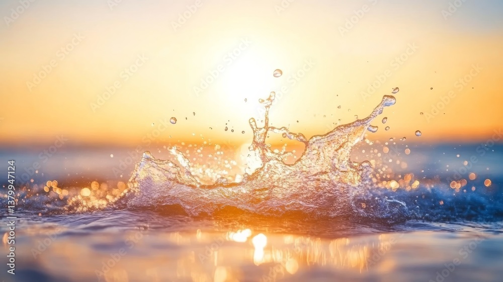 Aufkleber Waves crash softly on the shore as the sun sets, filling the scene with a warm glow and creating a peaceful atmosphere at the beach during twilight