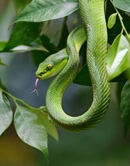 Obraz premium Green tree snake coiled among leaves, tongue flicking out, eyeing prey