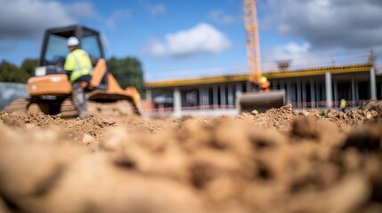 Obraz premium Construction worker uses a bulldozer at a dig site for a commercial building. Foundations are being laid in the background under a bright blue sky
