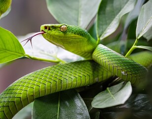 Fototapeta premium Green tree snake coiled among leaves, tongue flicking out, eyeing prey