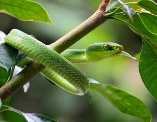 Green tree snake coiled among leaves, tongue flicking out, eyeing prey