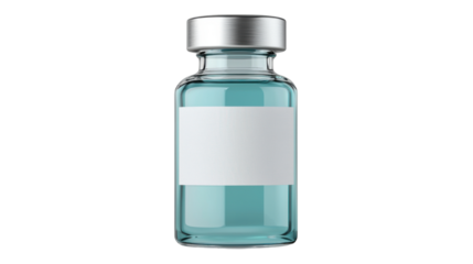 A sleek modern glass bottle with a metallic cap holding a vibrant blue liquid solution for medical or purposes such as a therapeutic drug or clinical treatment