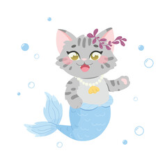 Little mermaid cat with sea beads. Cute underwater character. Kawaii mermaid kitten. Fairytale vector illustration
