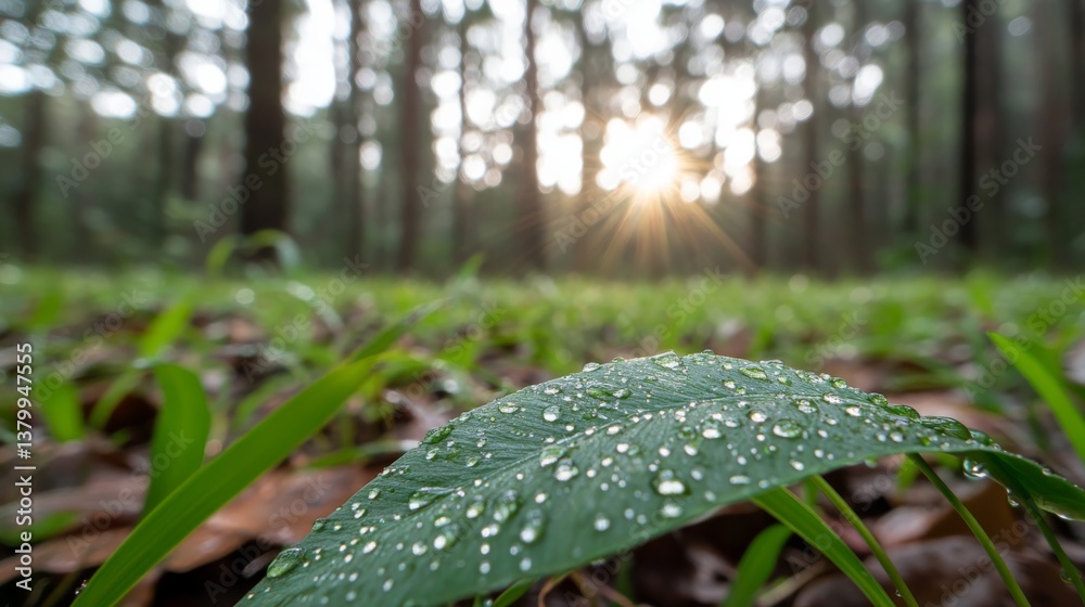 Poster A green fern leaf adorned with water droplets is illuminated by sunlight filtering through the trees, creating a serene forest atmosphere in the background