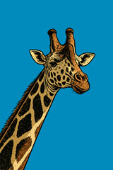 Giraffe Portrait Illustration Against Vibrant Blue Background with Detailed Engraving