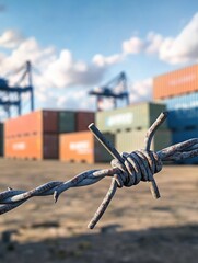 A barbed wire fence is in front of a large container ship. The fence is rusted and the wire is twisted. The scene is desolate and abandoned