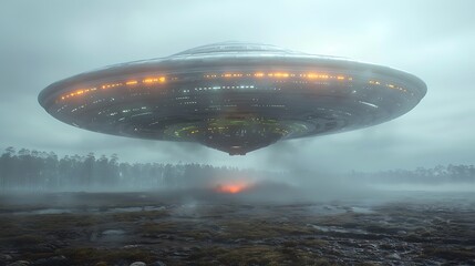 Obraz premium Mysterious UFO Hovering Over Foggy Forest Landscape at Night